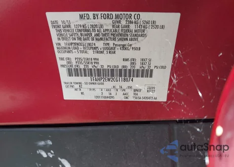 2012 Ford Taurus Sel from USA, damaged, VIN 1FAHP2EW2CG118074